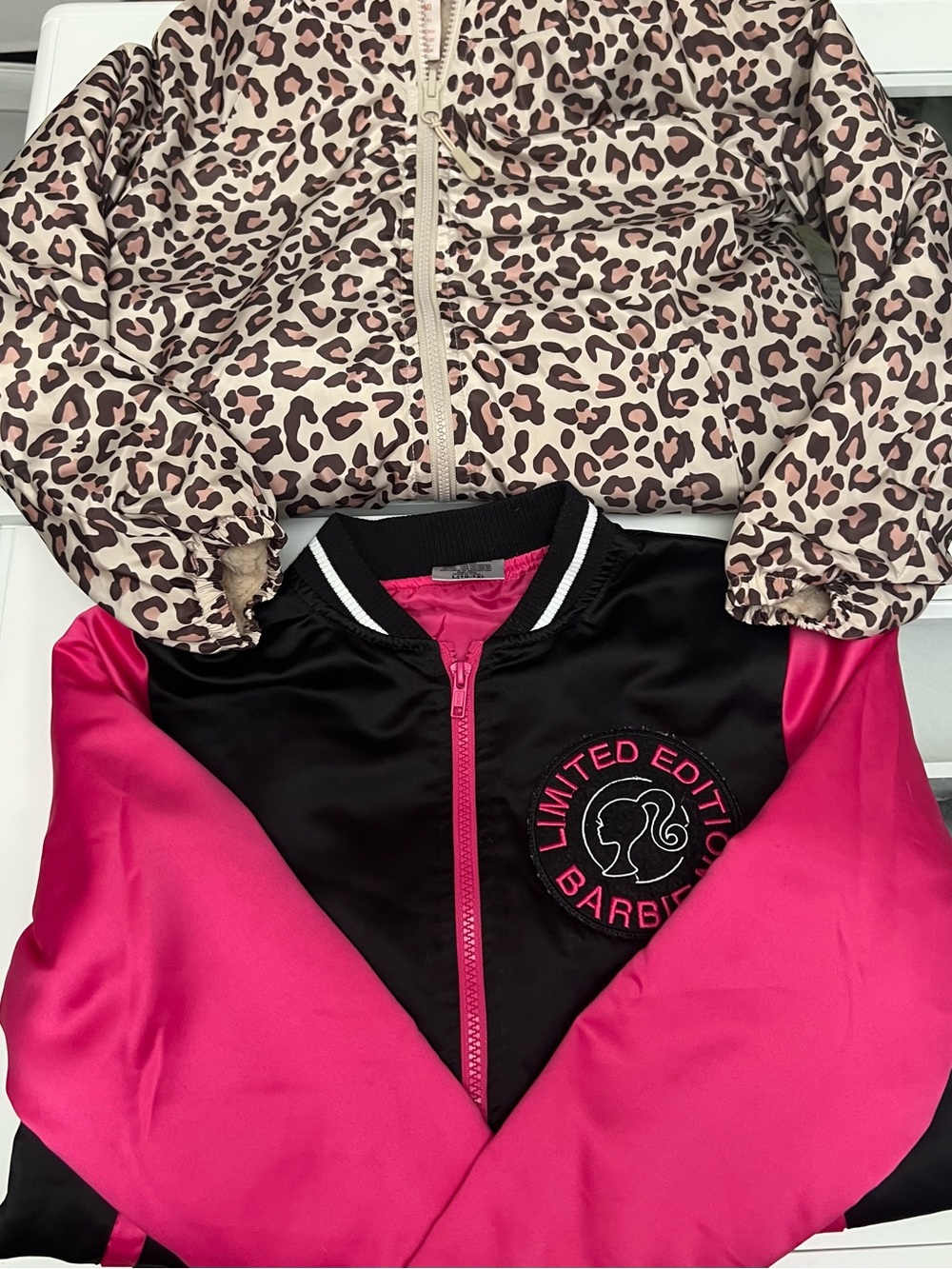 Barbie Girls' Pink & Black Bomber Jacket + Leopard reversible Jacket.